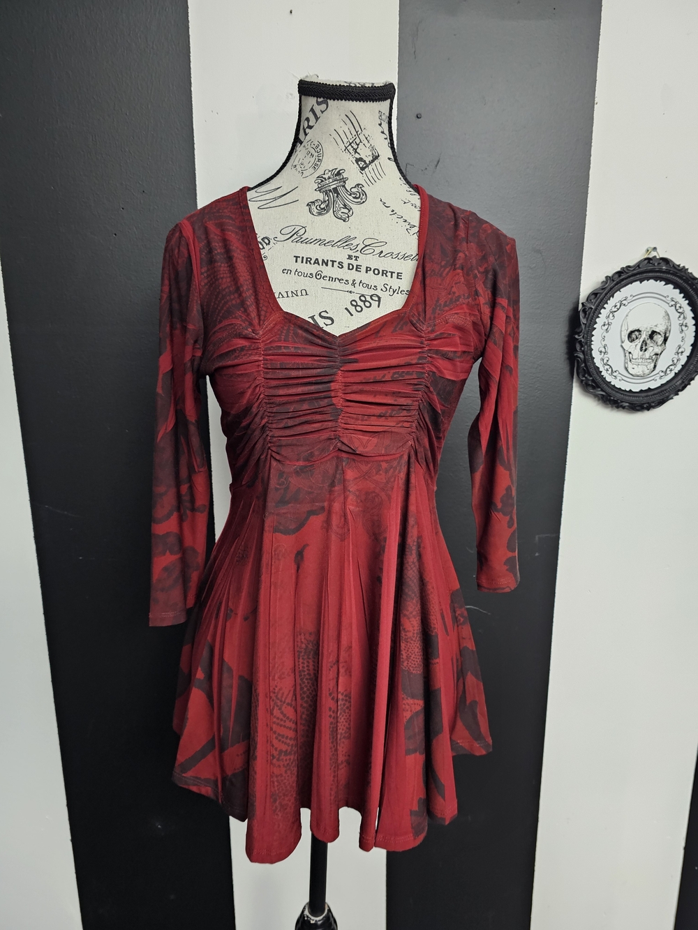 Ruched V-Neck Red Tunic Top with Flared Hem
